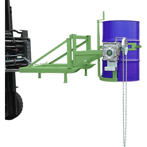 Fasskipper Bauer Typ FD/L, für 110 bis 220 l Fässer, 360 kg, 270° Kippen, mit Endloskette, Stapleraufnahme, resedagrün RAL 6011