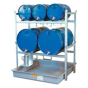 Fassregal Typ 800 Variante 3 CEMO, mit Fassauflage und Auffangwanne, für 2 x 200 I u. 3 x 60-I-Fässer, L 1410 x B 1280 x H 1620 mm