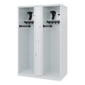 Feuerwehrspind C+P Evolo Maxi, 4 Abteile für 2 Personen, mit Helmhalter, Bodengleiter, B 1200 x T 500 x H 1850 mm, RAL 7035 Lichtgrau