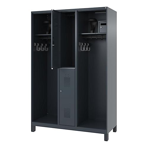 Feuerwehrspind C+P Evolo Maxi, 4 Abteile für 2 Personen, mit Helmhalter, mit Füßen, B 1200 x T 500 x H 1950 mm, RAL 7016 Anthrazitgrau/RAL 7021 Schwarzgrau