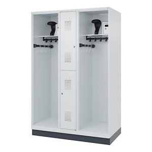 Feuerwehrspind C+P Evolo Maxi, 4 Abteile für 2 Personen, mit Helmhalter, mit Sockel, B 1300 x T 600 x H 1950 mm, RAL 7035 Lichtgrau/RAL 7016 Anthrazitgrau