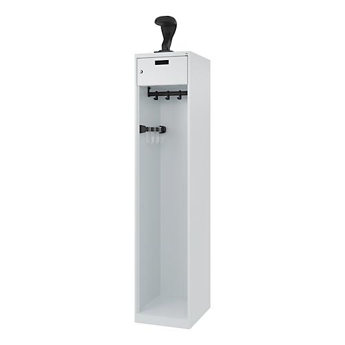 Feuerwehrspind C+P Evolo PRAKTUS, 1 Abteil, Helmhalter, mit Sockel, Bodengleiter, B 400 x T 500 x H 1850 mm, RAL 7035 Lichtgrau