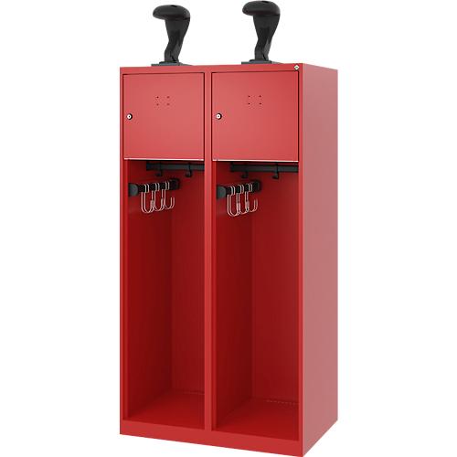 Feuerwehrspind C+P Evolo Youngster, 2 Abteile, mit Helmhalter, Bodengleiter, B 800 x T 500 x H 1530 mm, RAL 3000 Feuerrot