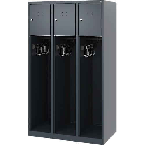 Feuerwehrspind C+P Evolo Youngster, 3 Abteile, ohne Helmhalter, Bodengleiter, B 900 x T 500 x H 1530 mm, RAL 7016 Anthrazitgrau