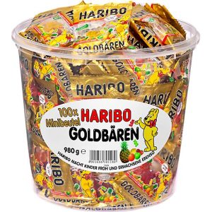 Fruchtgummi Haribo Goldbären, 100 Minibeutel in Dose, Gesamtgewicht 980 g Fruchtgummi Haribo Goldbären, 100 Minibeutel in Dose, Gesamtgewicht 980 g