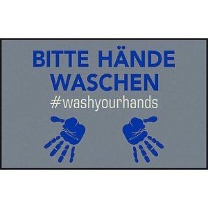 Fußmatte Bitte Hände waschen, Polyamid, Rücken/Ränder aus Nitrilgummi, waschbar, L 750 x B 1200 mm, grau/blau Fußmatte Bitte Hände waschen, Polyamid, Rücken/Ränder aus Nitrilgummi, waschbar, L 750 x B 1200 mm, grau/blau