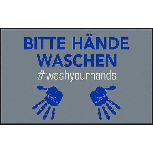 Fußmatte Bitte Hände waschen, Polyamid, Rücken/Ränder aus Nitrilgummi, waschbar, L 750 x B 1200 mm, grau/blau