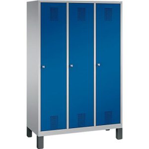 Garderobenspind Evolo S 3000, Stahl, m. Füßen, 3 Abteile, Zylinderschloss, weißaluminium RAL 9006/enzianblau RAL 5010