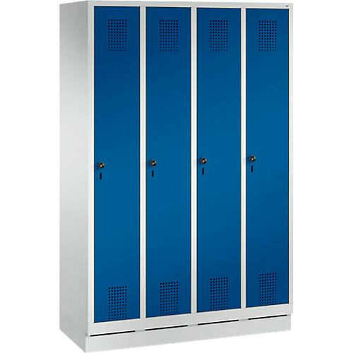 Garderobenspind Evolo S 3000, Stahl, m. Sockel, 4 Abteile m. jew. B 300 mm, Sicherheitsdrehriegelverschluss, lichtgrau RAL 7035/enzianblau RAL 5010