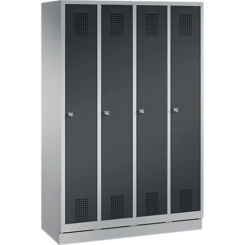 Garderobenspind Evolo S 3000, Stahl, m. Sockel, 4 Abteile m. jew. B 300 mm, Zylinderschloss, weißaluminium RAL 9006/anthrazit RAL 7016