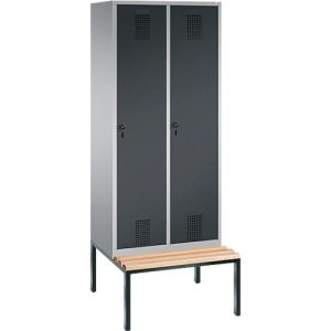 Garderobenspind Evolo S 3000, Stahl, m. untergeb. Sitzbank, 2 Abteile m. jew. B 400 mm, Sicherheitsdrehriegelverschluss, weißaluminium RAL 9006/anthrazit RAL 7016 Garderobenspind Evolo S 3000, Stahl, m. untergeb. Sitzbank, 2 Abteile m. jew. B 400 mm, Sicherheitsdrehriegelverschluss, weißaluminium RAL 9006/anthrazit RAL 7016