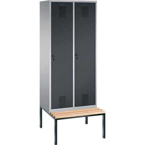 Garderobenspind Evolo S 3000, Stahl, m. untergeb. Sitzbank, 2 Abteile m. jew. B 400 mm, Sicherheitsdrehriegelverschluss, weißaluminium RAL 9006/anthrazit RAL 7016