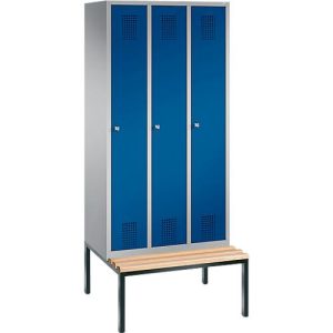 Garderobenspind Evolo S 3000, Stahl, m. untergeb. Sitzbank, 3 Abteile m. jew. B 300 mm, Zylinderschloss, weißaluminium RAL 9006/enzianblau RAL 5010 Garderobenspind Evolo S 3000, Stahl, m. untergeb. Sitzbank, 3 Abteile m. jew. B 300 mm, Zylinderschloss, weißaluminium RAL 9006/enzianblau RAL 5010