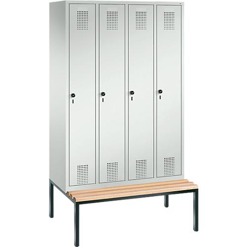 Garderobenspind Evolo S 3000, Stahl, m. untergeb. Sitzbank, 4 Abteile m. jew. B 300 mm, Sicherheitsdrehriegelverschluss, lichtgrau RAL 7035/lichtgrau RAL 7035
