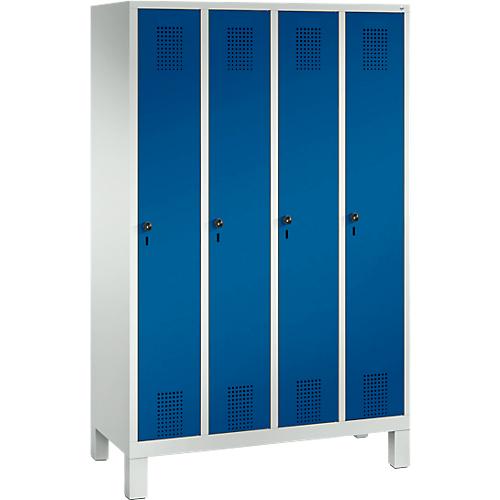 Garderobenspind Evolo S 3000, Stahl, mit Füßen, 4 Abteile mit jeweils B 300 mm, Drehriegel, lichtgrau RAL 7035/enzianblau RAL 5010