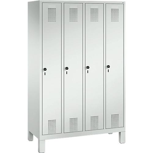 Garderobenspind Evolo S 3000, Stahl, mit Füßen, 4 Abteile mit jeweils B 300 mm, Drehriegel, lichtgrau RAL 7035/lichtgrau RAL 7035