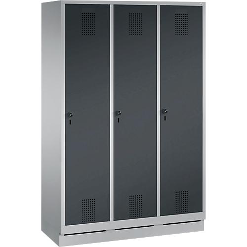 Garderobenspind Evolo S 3000, Stahl, mit Sockel, 3 Abteile mit jeweils B 400 mm, Drehriegel, weißaluminium RAL 9006/anthrazit RAL 7016