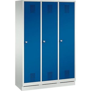 Garderobenspind Evolo S 3000, Stahl, mit Sockel, 3 Abteile mit jeweils B 400 mm, Zylinderschloss, lichtgrau RAL 7035/enzianblau RAL 5010 Garderobenspind Evolo S 3000, Stahl, mit Sockel, 3 Abteile mit jeweils B 400 mm, Zylinderschloss, lichtgrau RAL 7035/enzianblau RAL 5010
