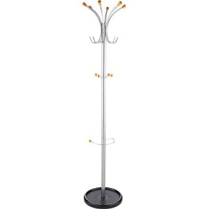 Garderobenständer, Ø 365 x H 1760 mm, 6 Hut-/Mantelhaken & 4 Haken für Schals & Taschen, mit Schirmhalter & Tropfmulde, Stahl, silbermetallic Garderobenständer, Ø 365 x H 1760 mm, 6 Hut-/Mantelhaken & 4 Haken für Schals & Taschen, mit Schirmhalter & Tropfmulde, Stahl, silbermetallic
