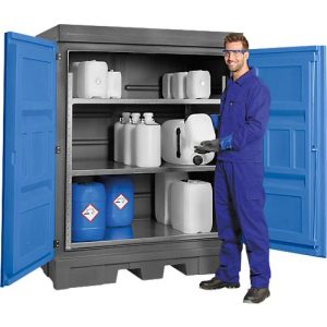 Gefahrstoffdepot, Polyethylen, unterfahrbar, m. Regal, B 1560 x T 1080 x H 1980 mm, 250 l Gefahrstoffdepot, Polyethylen, unterfahrbar, m. Regal, B 1560 x T 1080 x H 1980 mm, 250 l