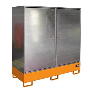Gefahrstoffschrank BAUER GS-2, Stahlblech, unterfahrbar, für 2 x 200 l Fässer, B 1680 x T 690 x H 1780 mm, orange Gefahrstoffschrank BAUER GS-2, Stahlblech, unterfahrbar, für 2 x 200 l Fässer, B 1680 x T 690 x H 1780 mm, orange