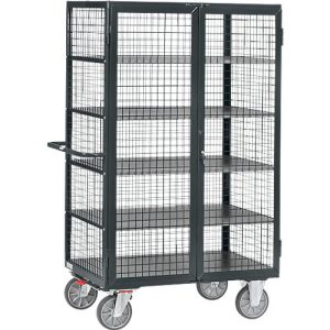 Gitterschrankwagen, mit Doppelflügeltür, abschließbar, 5 Holzböden, bis 750 kg, 1000 x 680 mm, grau