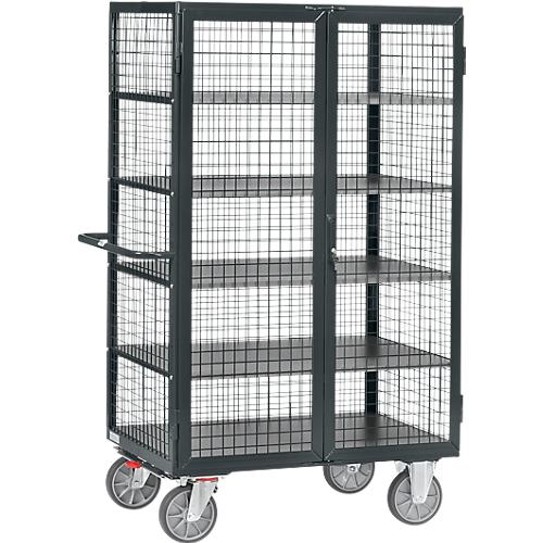 Gitterschrankwagen, mit Doppelflügeltür, abschließbar, 5 Holzböden, bis 750 kg, 1000 x 680 mm, grau