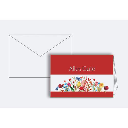 Glückwunschkarte Korsch, Schriftzug 'Alles Gute', bunte Blumen, weißes Kuvert, Silberfolienprägung, 10 Stück, DIN B6, L 170 x H 115 mm