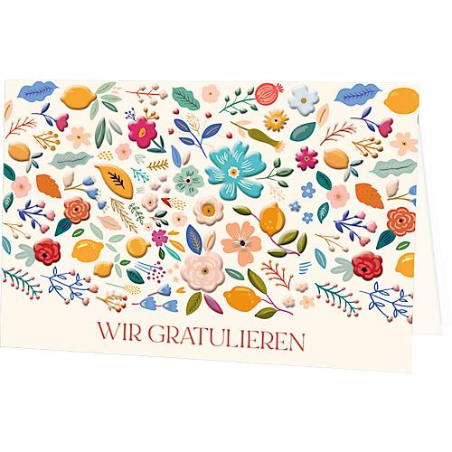 Glückwunschkarte Korsch Wir Gratulieren – Bunter Blumenmix, mit buntem Motiv & Umschlägen, Querformat, B 170 x H 115 mm, Karton, naturweiß, 10 Stück