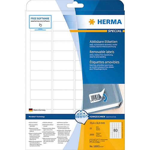 Herma ablösbare Etiketten Nr. 10003 auf DIN A4-Blättern, 2000 Etiketten, 25 Bogen