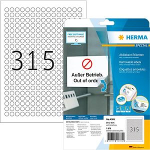 Herma ablösbare Etiketten Nr. 4385, rund, Ø 10 mm, selbstklebend, bedruckbar, Papier, weiß, 7875 Stück auf 25 Blatt Herma ablösbare Etiketten Nr. 4385, rund, Ø 10 mm, selbstklebend, bedruckbar, Papier, weiß, 7875 Stück auf 25 Blatt