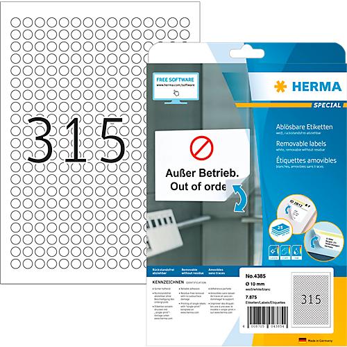 Herma ablösbare Etiketten Nr. 4385, rund, Ø 10 mm, selbstklebend, bedruckbar, Papier, weiß, 7875 Stück auf 25 Blatt