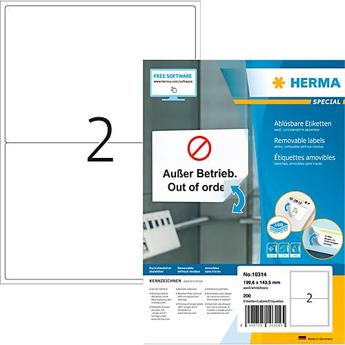 Herma Adressetiketten Special Nr. 10314, 199,6 x 143,5 mm, selbstklebend, ablösbar, bedruckbar, weiß, 200 Stück auf 100 Blatt