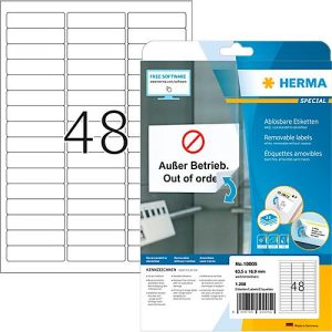 Herma Etiketten Nr. 10005, 63,5 x 16,9 mm, ablösbar, selbstklebend, Papier, weiß, 1200 Stück Herma Etiketten Nr. 10005, 63,5 x 16,9 mm, ablösbar, selbstklebend, Papier, weiß, 1200 Stück