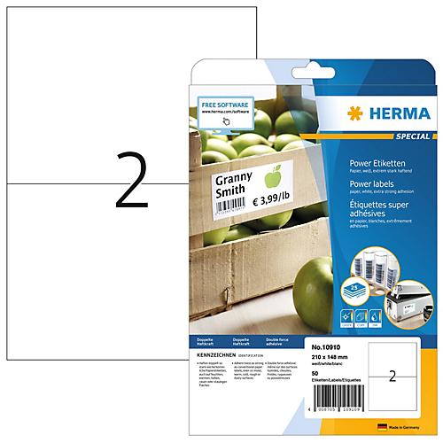 Herma Power-Etiketten Nr. 10910, 210 x 148 mm, selbstklebend, extrem stark haftend, Papier, weiß, 50 Stück