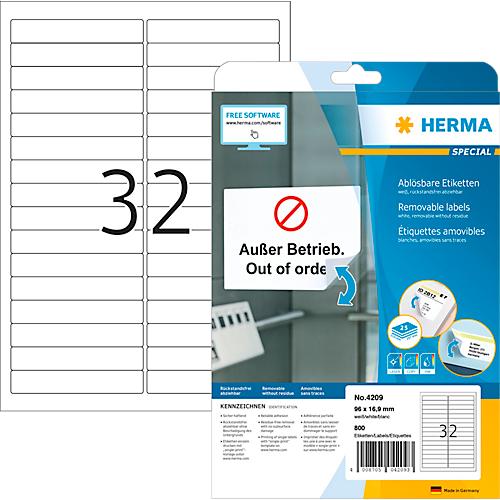 Herma Qualitäts-Etiketten Nr. 4209, 96 x 16,9 mm, selbstklebend, ablösbar, bedruckbar, weiß, 800 Stück auf 25 Blatt