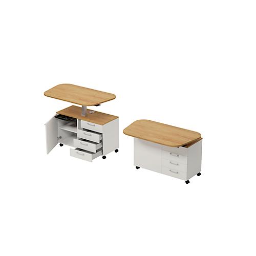 Home Office Rollcontainer Multilevel, mit Schubladen, Gasfederplatte, B 1200 x T 440 x H 740-1100 mm, Masonic Eiche/weiß