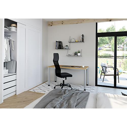 Home Office Tisch, Rechteck, 4-Fuß Rundrohr, B 1400 x T 672 x H 685-810 mm, Wildeiche/silber