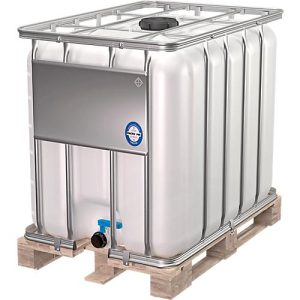 IBC Container, 600 Liter, HDPE, stapelbar, Auslaufventil, auf Holzpalette, B 1200 x T 800 x H 1013 mm, natur IBC Container, 600 Liter, HDPE, stapelbar, Auslaufventil, auf Holzpalette, B 1200 x T 800 x H 1013 mm, natur