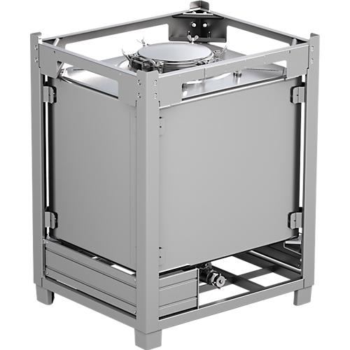 IBC-Container SCHÄFER BTA PTFE, 1000 l, UN-Zulassung, Sicherheitsventil, stapelbar, auf Transportgestell, Edelstahl 1.4404 (V4A), B 1015 x T 1215 x H 1550 mm