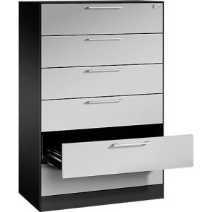 Karteikartenschrank, 3-bahnig für A5 quer, 6 Schübe mit Vollauszug & Bügelgriffen, Zentralverschluss, B 800 x T 435 x H 1298 mm, schwarzgrau/alusilber Karteikartenschrank, 3-bahnig für A5 quer, 6 Schübe mit Vollauszug & Bügelgriffen, Zentralverschluss, B 800 x T 435 x H 1298 mm, schwarzgrau/alusilber