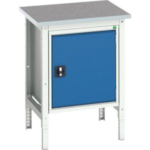 Kastenwerkbank Bott verso, Linoleum-Platte, 1 Tür, 1 Ablageboden, B 700 x T 600 x H 780 – 930 mm, Lichtgrau / Enzianblau Kastenwerkbank Bott verso, Linoleum-Platte, 1 Tür, 1 Ablageboden, B 700 x T 600 x H 780 – 930 mm, Lichtgrau / Enzianblau