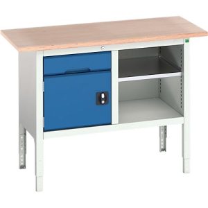 Kastenwerkbank Bott verso, mit Multiplex-Platte, 1 Schublade & 1 Ablageboden & 1 Tür, B 1250 x T 600 x H 830 – 930 mm, Lichtgrau / Enzianblau Kastenwerkbank Bott verso, mit Multiplex-Platte, 1 Schublade & 1 Ablageboden & 1 Tür, B 1250 x T 600 x H 830 – 930 mm, Lichtgrau / Enzianblau