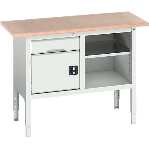 Kastenwerkbank Bott verso, mit Multiplex-Platte, 1 Schublade & 1 Ablageboden & 1 Tür, B 1250 x T 600 x H 830 - 930 mm, Lichtgrau