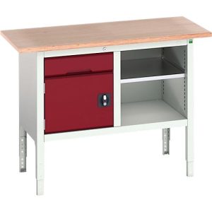 Kastenwerkbank Bott verso, mit Multiplex-Platte, 1 Schublade & 1 Ablageboden & 1 Tür, B 1250 x T 600 x H 830 – 930 mm, Lichtgrau / Purpurrot Kastenwerkbank Bott verso, mit Multiplex-Platte, 1 Schublade & 1 Ablageboden & 1 Tür, B 1250 x T 600 x H 830 – 930 mm, Lichtgrau / Purpurrot