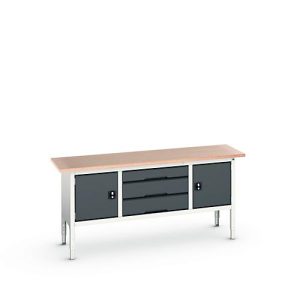 Kastenwerkbank Bott verso, mit Multiplex-Platte, 3 Schubladen & 2 Türen, B 2000 x T 600 x H 830 – 930 mm, Lichtgrau RAL 7035 / Anthrazitgrau RAL 7016 Kastenwerkbank Bott verso, mit Multiplex-Platte, 3 Schubladen & 2 Türen, B 2000 x T 600 x H 830 – 930 mm, Lichtgrau RAL 7035 / Anthrazitgrau RAL 7016