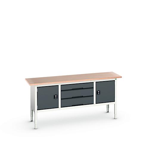 Kastenwerkbank Bott verso, mit Multiplex-Platte, 3 Schubladen & 2 Türen, B 2000 x T 600 x H 830 - 930 mm, Lichtgrau RAL 7035 / Anthrazitgrau RAL 7016