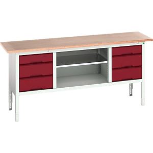Kastenwerkbank Bott verso, mit Multiplex-Platte, 6 Schubladen & 1 Ablageboden, B 2000 x T 600 x H 830 – 930 mm, RAL 7035 Lichtgrau / RAL 3004 Purpurrot Kastenwerkbank Bott verso, mit Multiplex-Platte, 6 Schubladen & 1 Ablageboden, B 2000 x T 600 x H 830 – 930 mm, RAL 7035 Lichtgrau / RAL 3004 Purpurrot