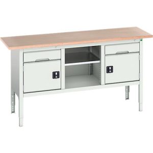 Kastenwerkbank Bott verso, Multiplex-Platte, 2 Schubladen, 1 Ablageboden, 2 Türen, B 1750 x T 600 x H 830 – 930 mm, Lichtgrau Kastenwerkbank Bott verso, Multiplex-Platte, 2 Schubladen, 1 Ablageboden, 2 Türen, B 1750 x T 600 x H 830 – 930 mm, Lichtgrau