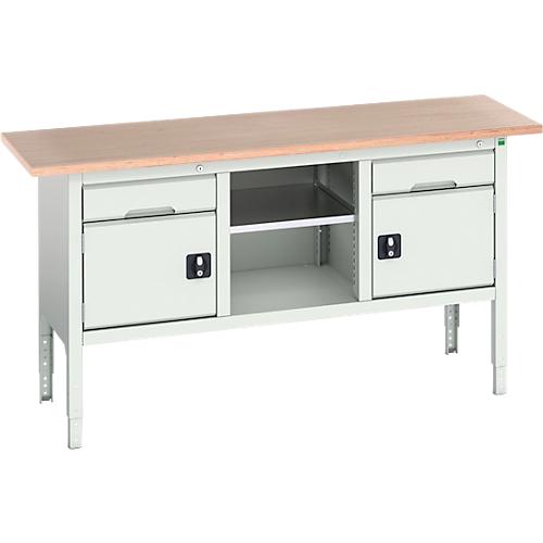 Kastenwerkbank Bott verso, Multiplex-Platte, 2 Schubladen, 1 Ablageboden, 2 Türen, B 1750 x T 600 x H 830 - 930 mm, Lichtgrau
